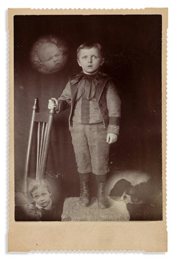 (SPIRITUALISM) Four spirit photograph cabinet cards depicting sitters among shrouds of floating photographic souls.